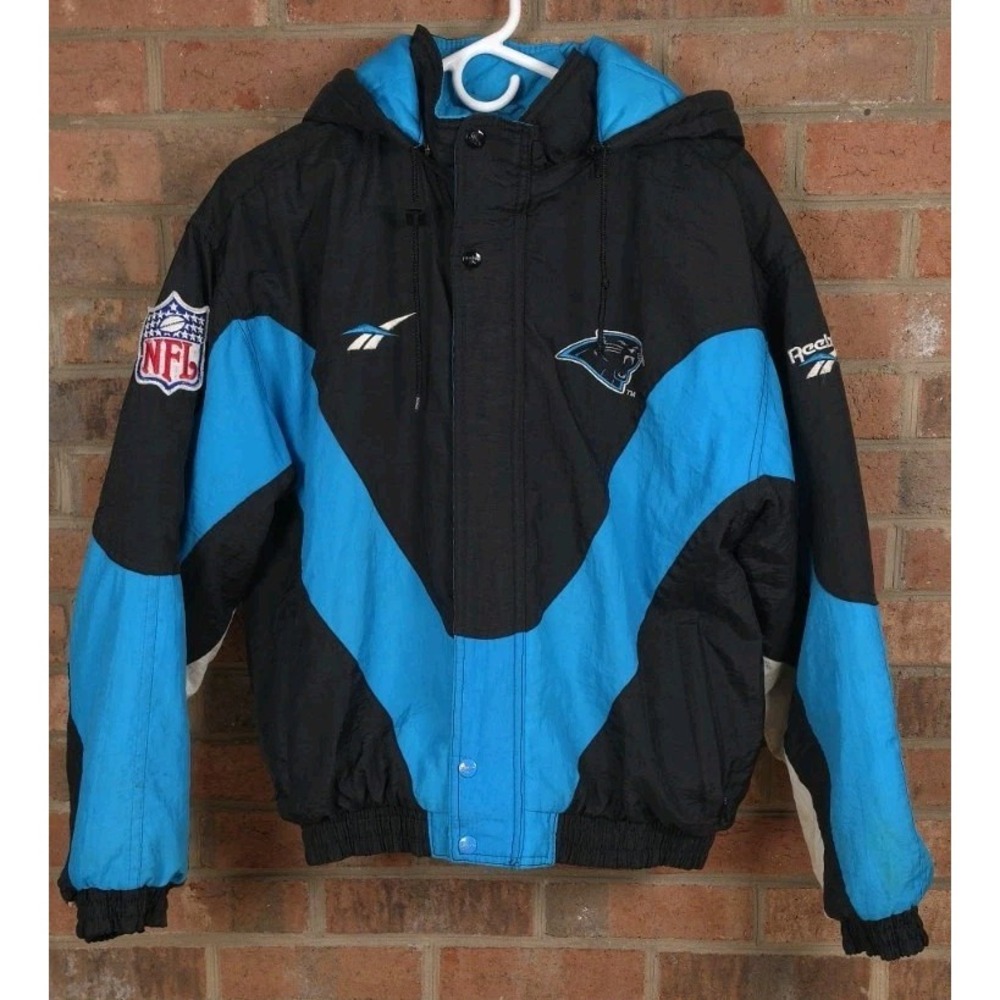 Vintage 90s Reebok Carolina Panthers NFL Pro Line Puffy Jacket Hooded Sz Large